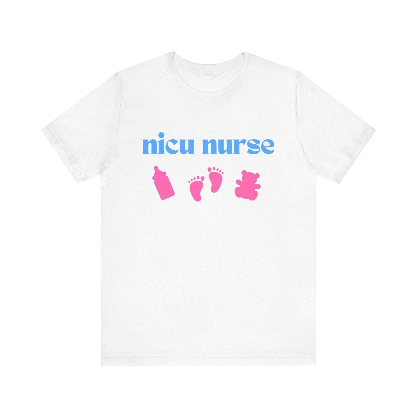 NICU Nurse T Shirt with Bottle, Baby Feet, and Teddy Bear Icons