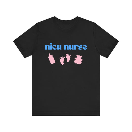 NICU Nurse T Shirt with Bottle, Baby Feet, and Teddy Bear Icons