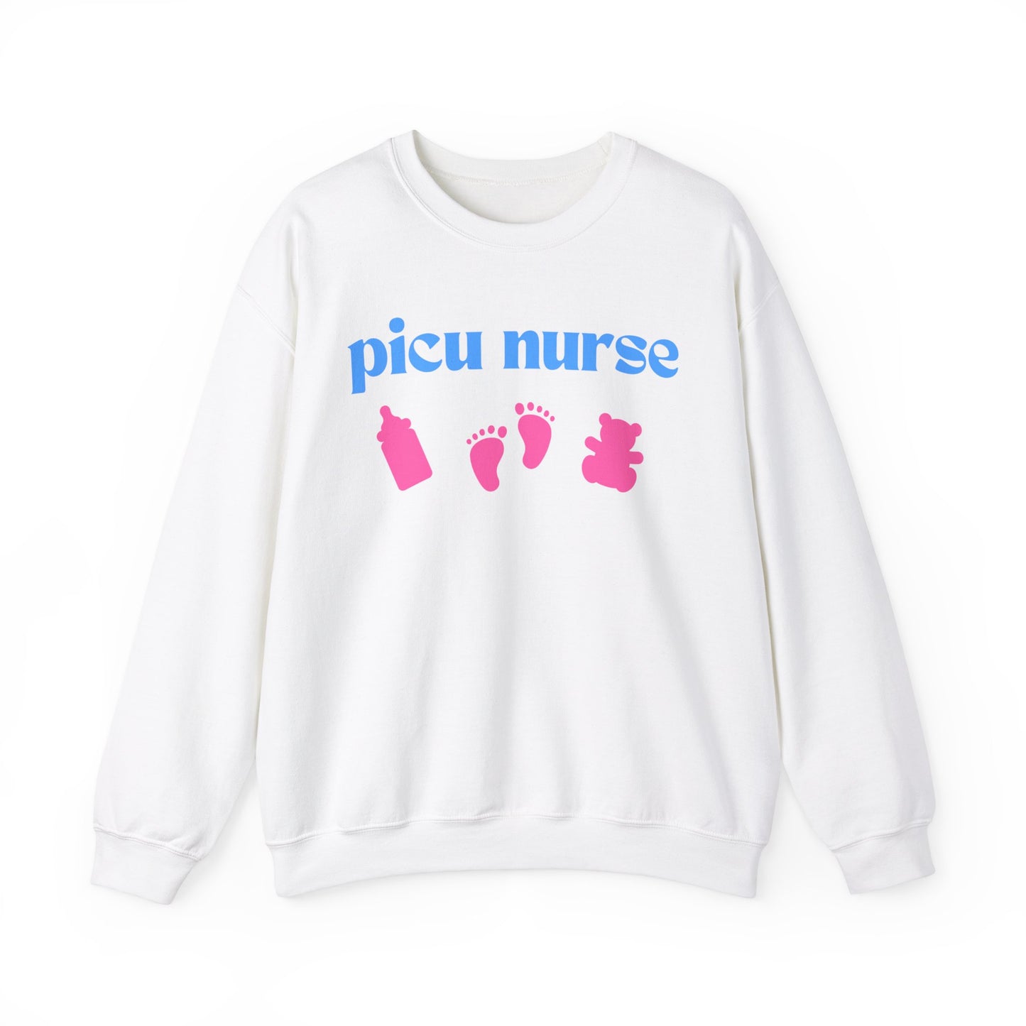 PICU Nurse Sweatshirt with Bottle, Baby Feet, and Teddy Bear Icons