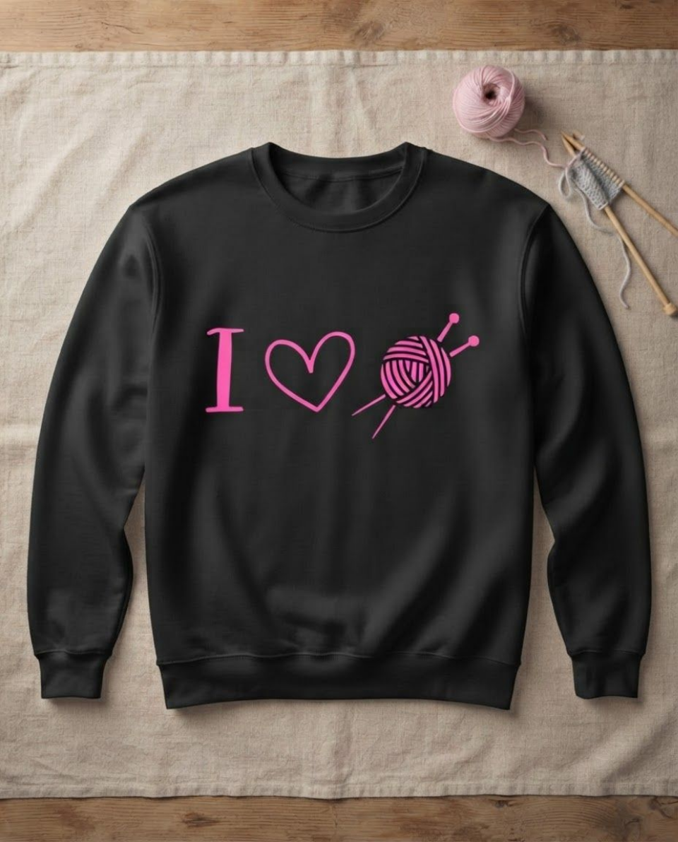 A black crewneck sweatshirt laid flat on a beige fabric surface, featuring a pink graphic that reads 'I' followed by a heart, a yarn ball, and knitting needles. A pink ball of yarn and wooden knitting needles are placed near the top right as styling props.