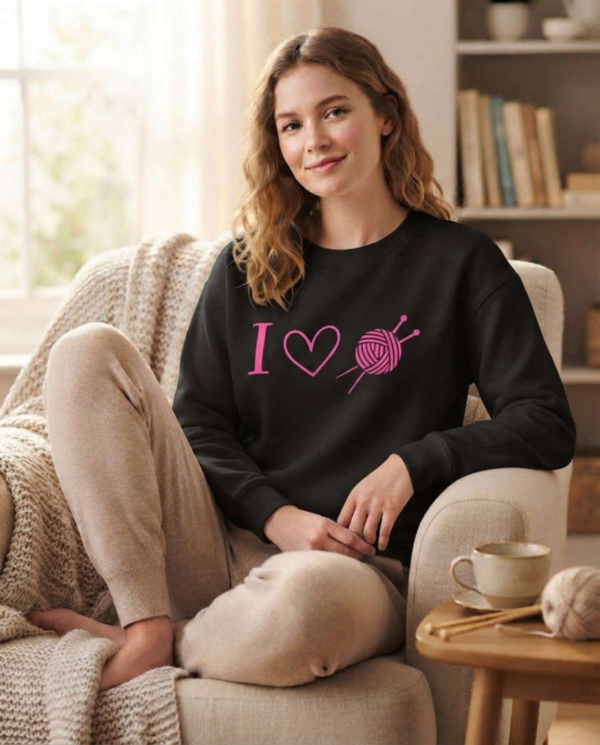 A woman sitting in a cozy armchair wearing a black sweatshirt with a pink graphic that reads 'I' followed by a heart and a knitting needle-and-yarn motif. The room has soft natural light, a bookshelf in the background, and a small table with a mug.