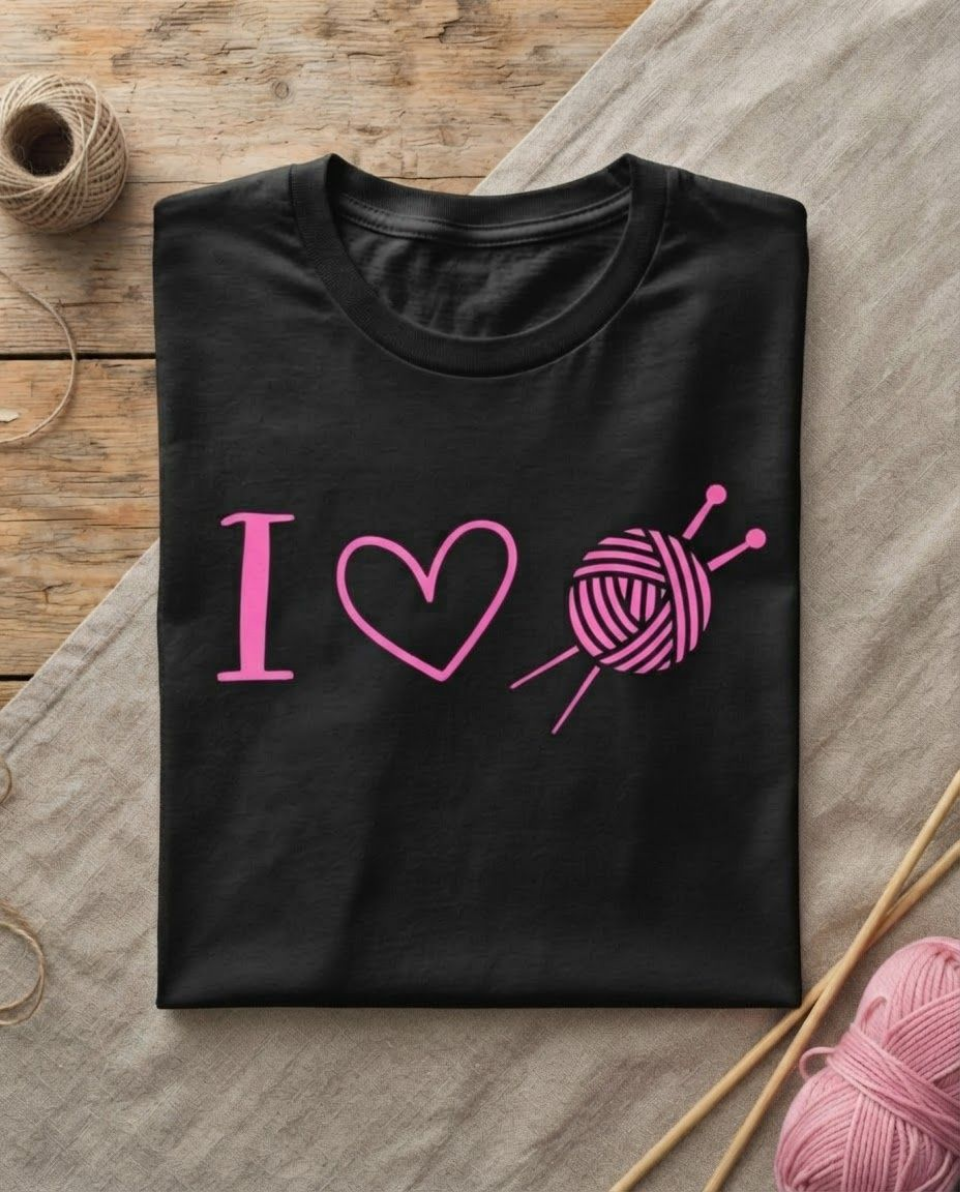A black short-sleeve t-shirt laid flat on a beige fabric surface over a rustic wooden background, featuring a pink graphic that reads 'I' followed by a heart and a ball of yarn with knitting needles.