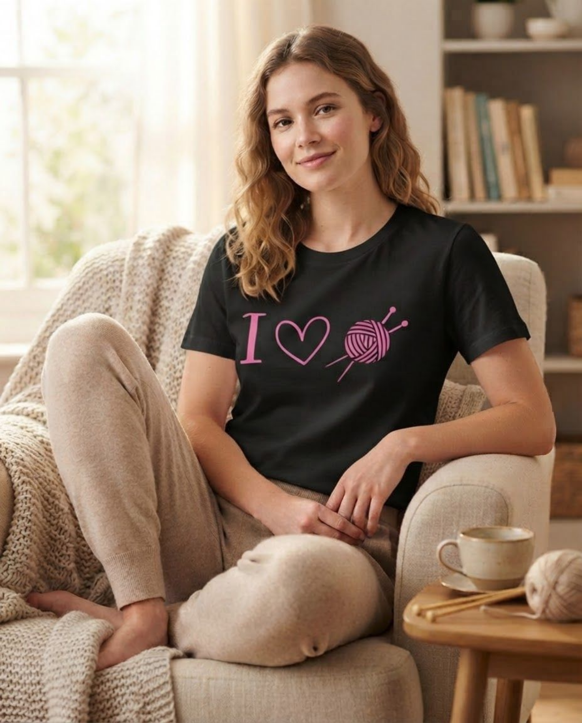 A woman sitting in a cozy armchair wearing a black graphic t-shirt with pink text reading 'I' followed by a heart, a yarn ball, and knitting needles, paired with beige knit pants. A small side table next to her holds a cup and saucer.