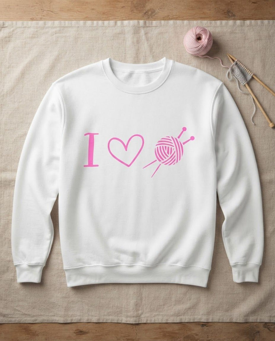 A white crewneck sweatshirt laid flat on a beige linen fabric background, featuring a pink graphic that reads 'I' followed by a heart and a ball of yarn with knitting needles. A pink ball of yarn and wooden knitting needles are styled in the top right corner.