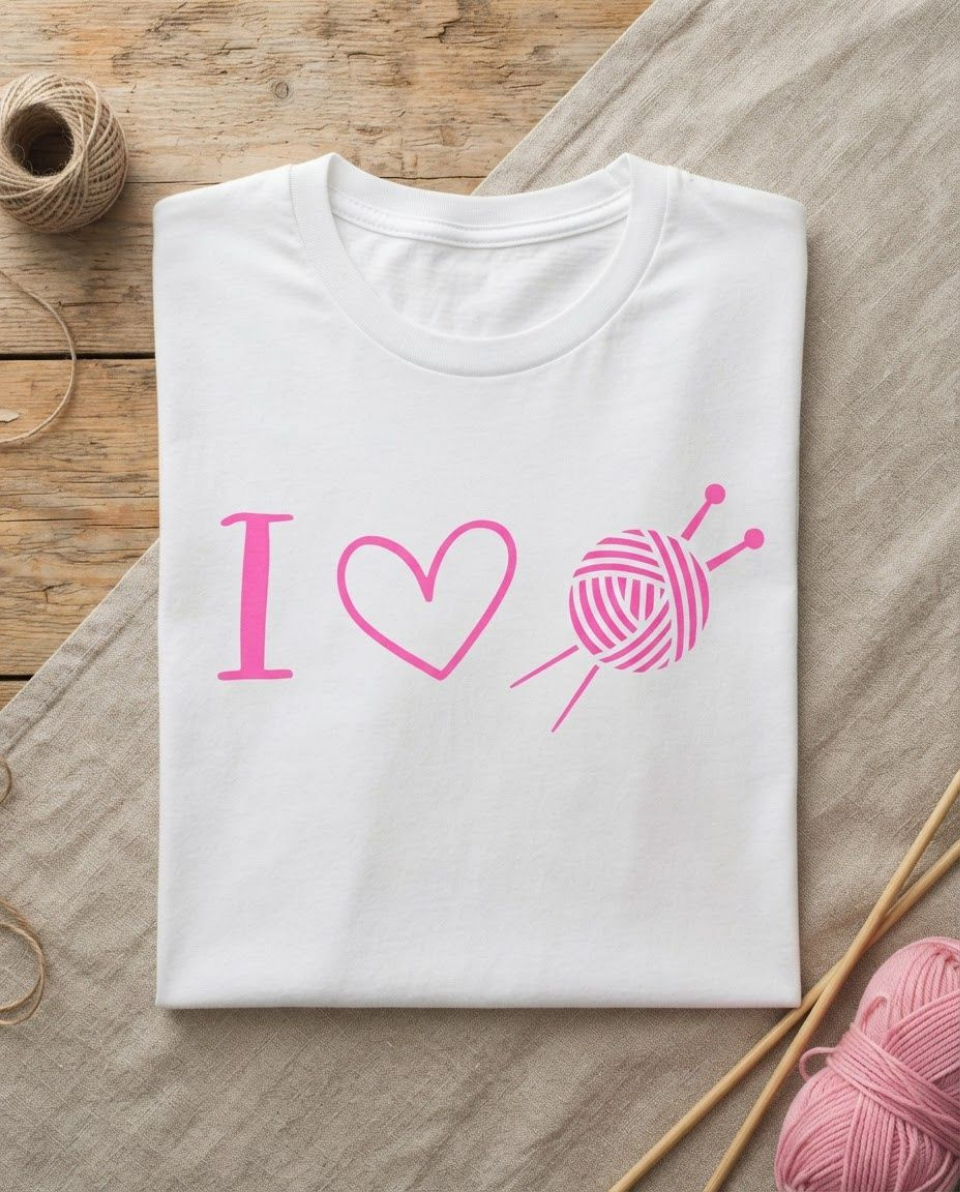 A folded white t-shirt with a pink graphic reading 'I' followed by a heart and a knitting ball with needles, displayed on a beige linen cloth over a wooden surface with yarn and knitting props.