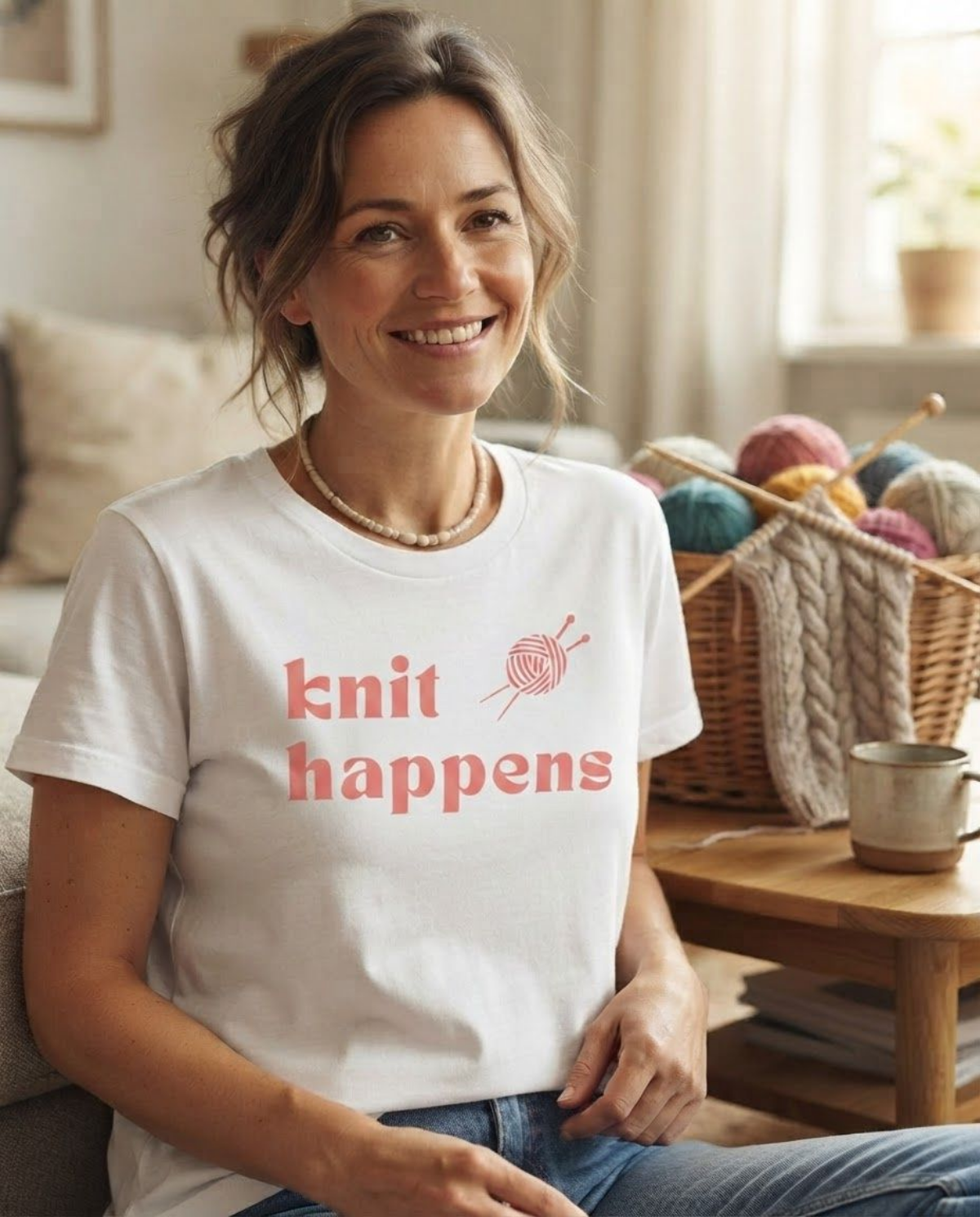 A smiling woman sits in a cozy living room wearing a white graphic T-shirt with the words 'knit happens' in coral pink and a small knitting needle and ball graphic. A basket of colorful yarn and a mug sit on a wooden table in the background.