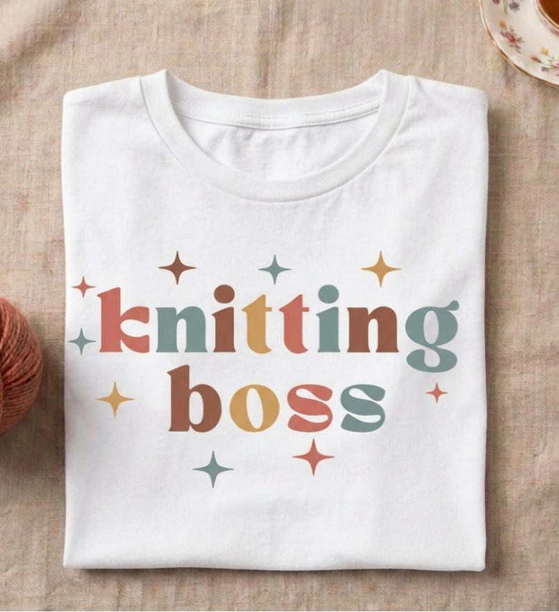 A folded white t-shirt with the words 'knitting boss' in retro multicolor letters and small star accents, displayed on a beige linen surface with a cup of tea and a ball of yarn as props.