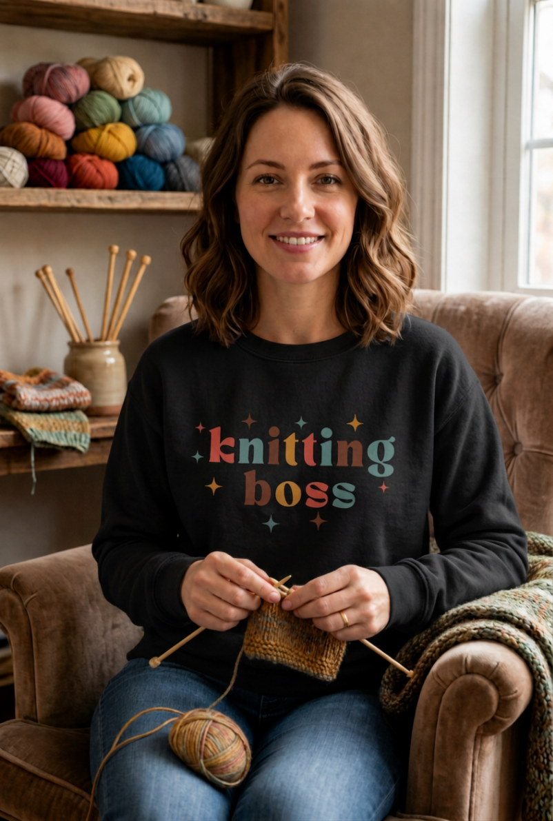 woman in black knitting boss sweatshirt knitting