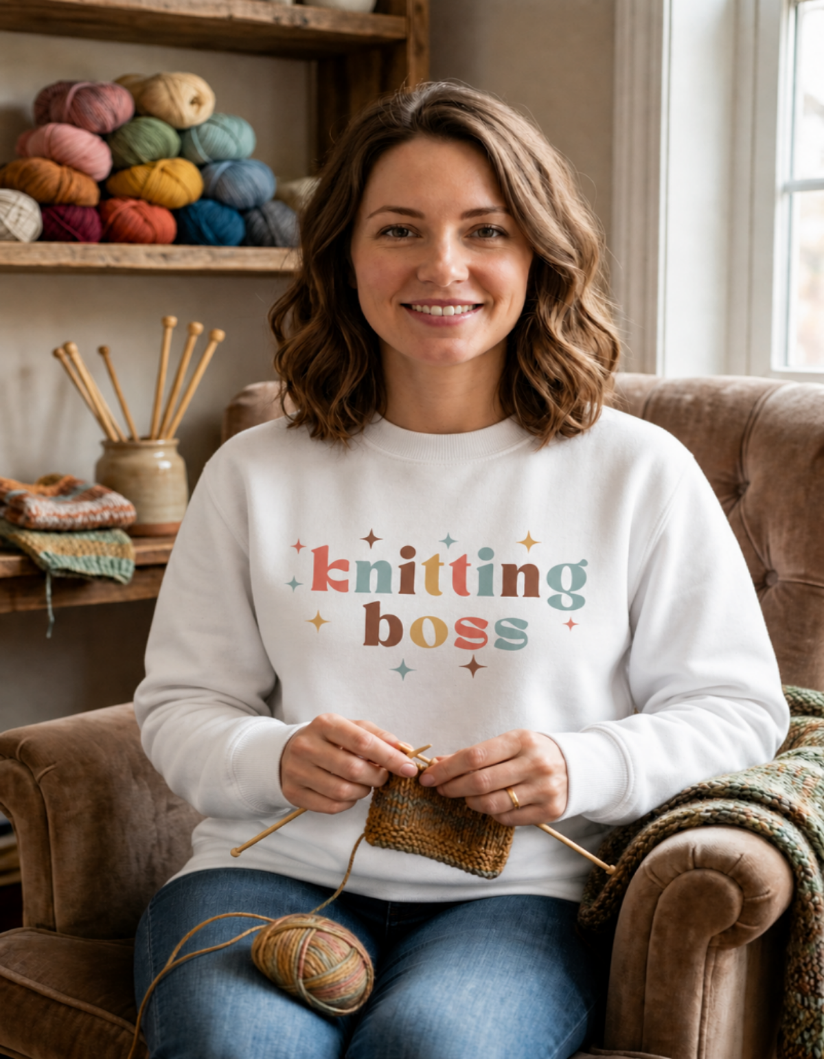 woman in white knitting boss sweatshirt