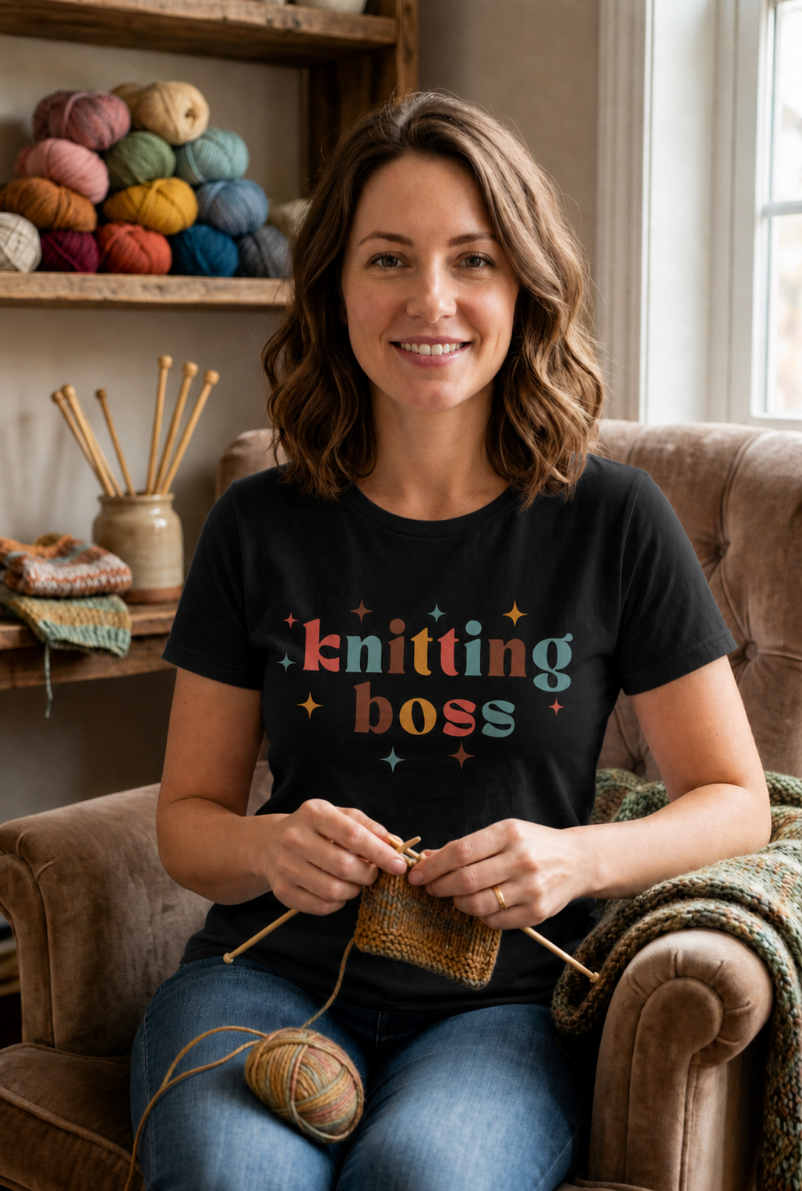 woman wearing black knitting boss tshirt