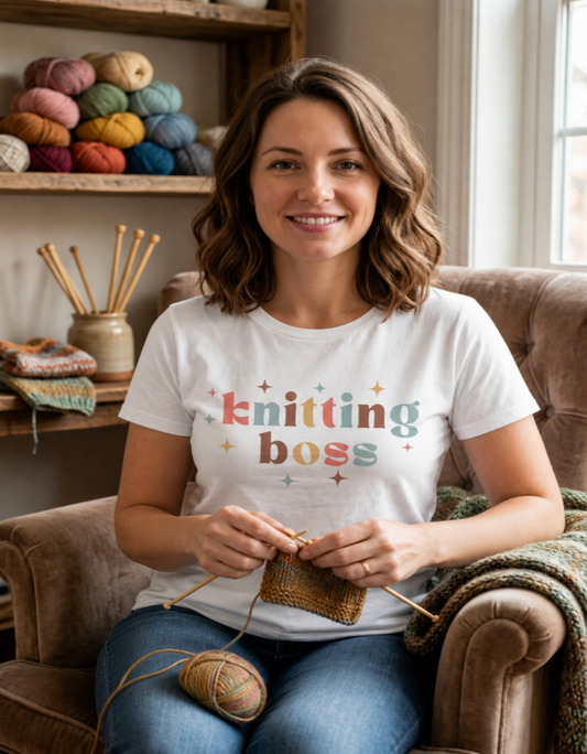 A woman sitting in a brown armchair knitting, wearing a white graphic t-shirt that reads 'knitting boss' in colorful letters. Shelves in the background are filled with colorful balls of yarn and knitting needles.