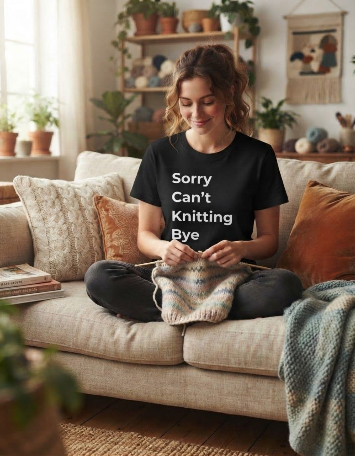 A woman sits cross-legged on a beige sofa in a cozy living room, knitting with wooden needles and a small patterned knitted piece. She is wearing a black graphic T-shirt with the white text 'Sorry Can't Knitting Bye'.