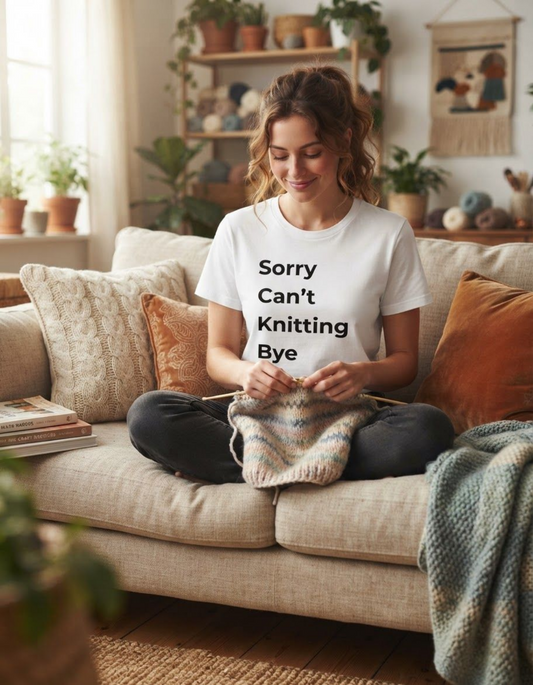 woman in white tshirt that reads "sorry can't knitting bye"