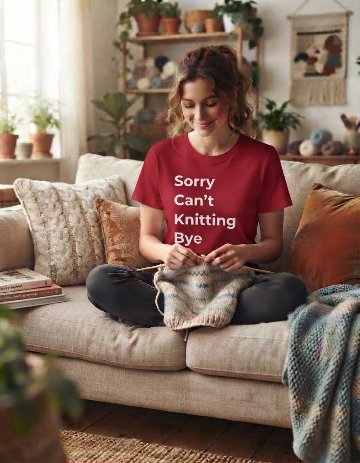 A woman sits cross-legged on a beige sofa in a cozy living room, knitting a small piece with a crochet hook. She is wearing a red graphic T-shirt with the text 'Sorry Can't Knitting Bye' in white.