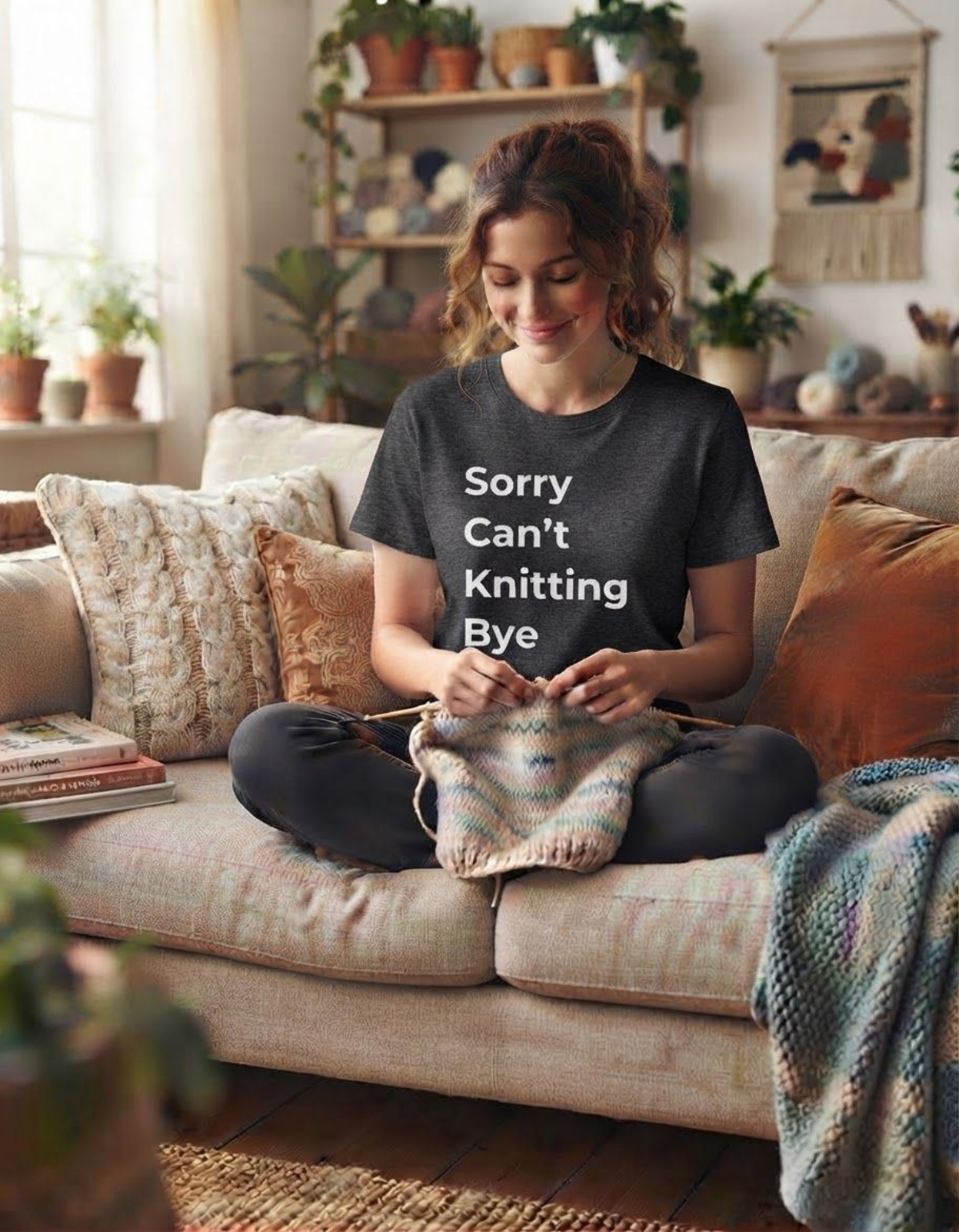 A woman sits cross-legged on a beige sofa in a cozy, sunlit living room, knitting a small multicolored piece. She is wearing a dark charcoal gray t-shirt with the white text 'Sorry Can't Knitting Bye' printed on the front.