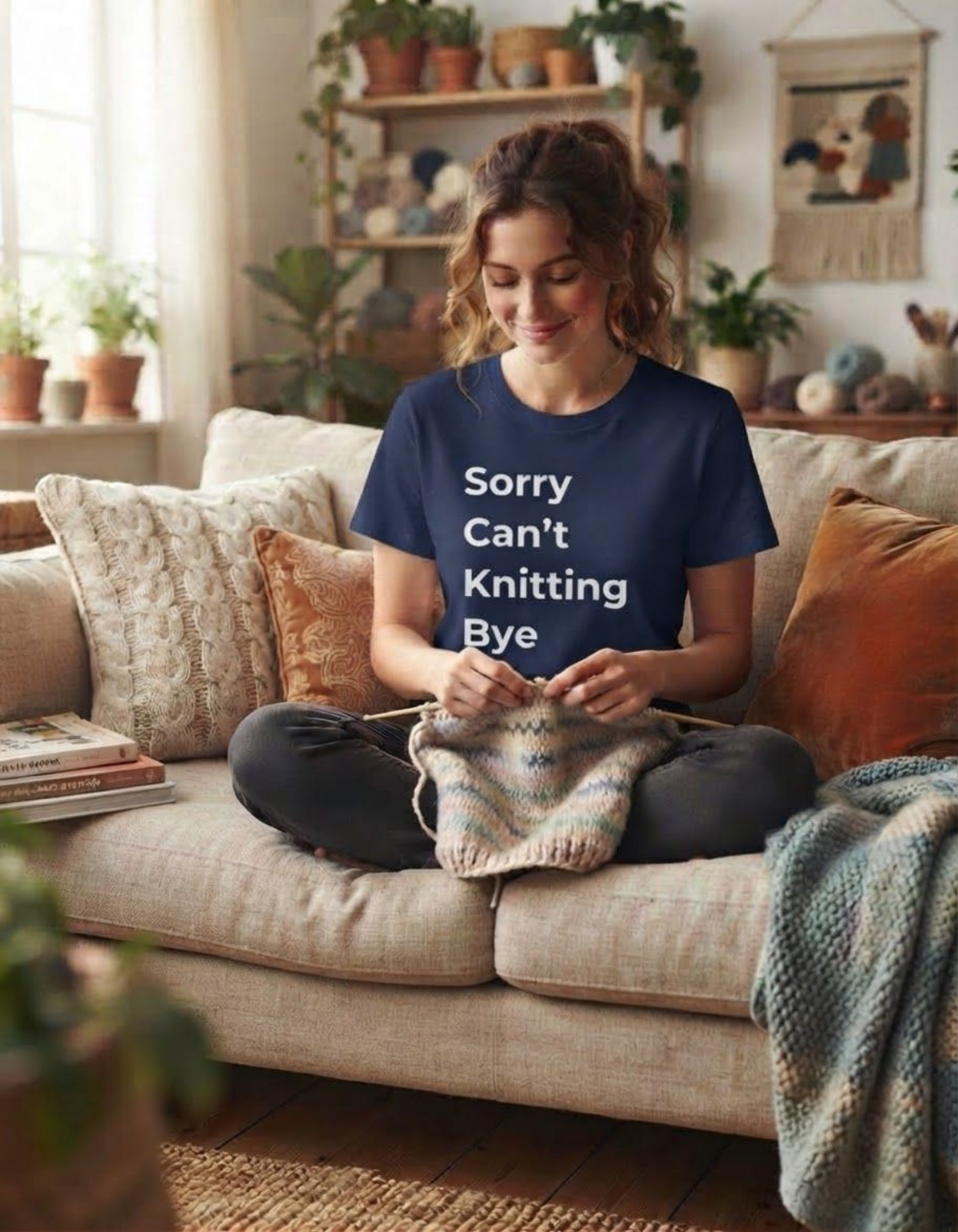 A woman sits cross-legged on a beige sofa in a cozy living room, knitting a small piece with yarn. She is wearing a navy blue graphic T-shirt with the white text 'Sorry Can't Knitting Bye'.